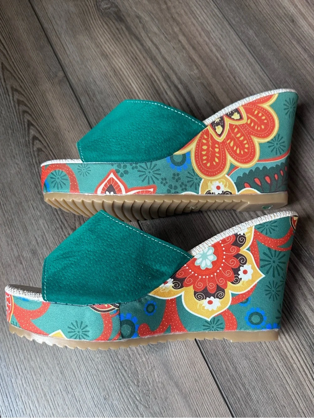 Floral Platform Wedge Sandals Green Faux Suede EU 39 US 8.5 Boho